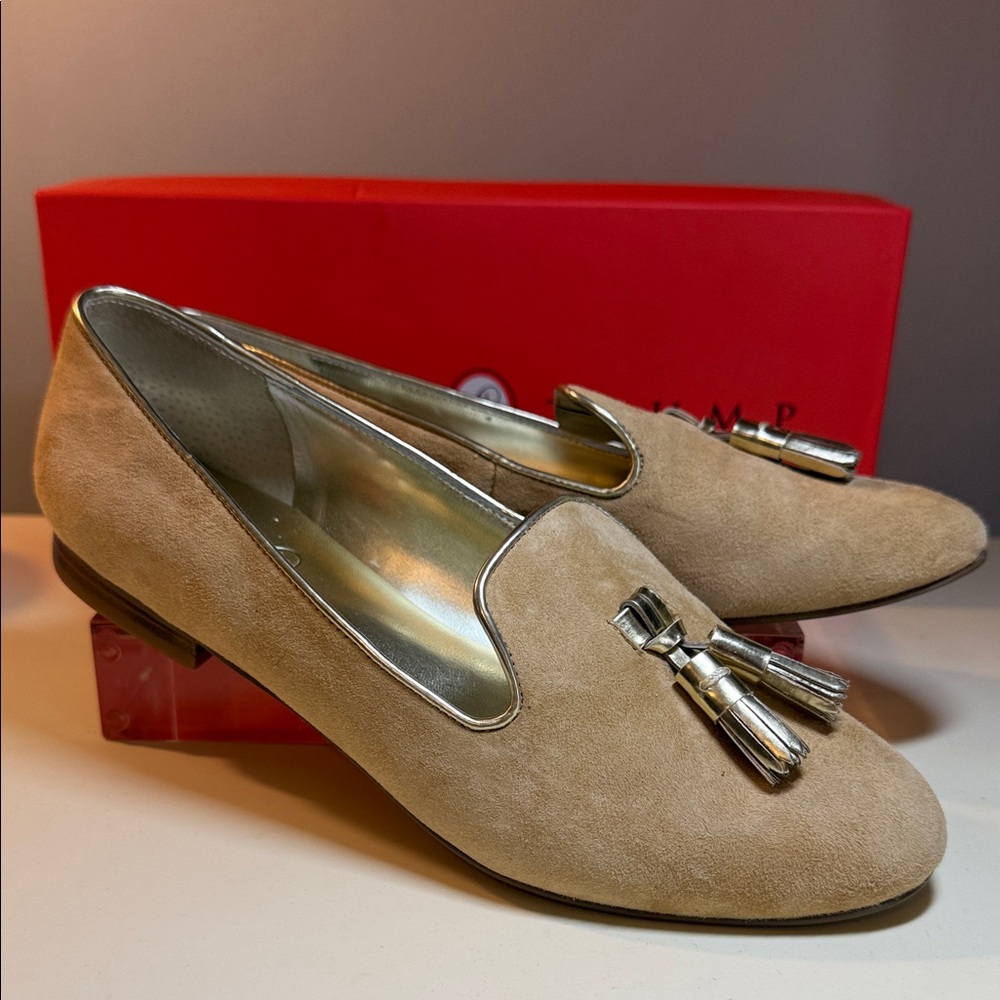 Ivanka Trump “Harley” Tan Suede Loafers with Gold Tassels